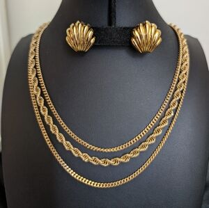 #94 Vintage Monet Three Strand Gold Necklace & Earrings. With Very Small Bangle